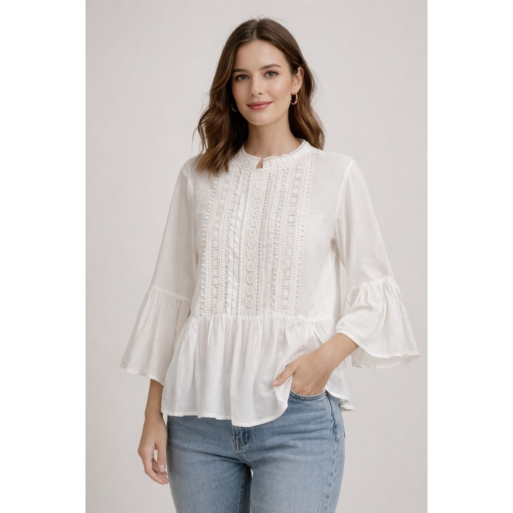 Kensie Women  White Lace Trim Peasant Blouse Bell Sleeve Top‎ Women's L